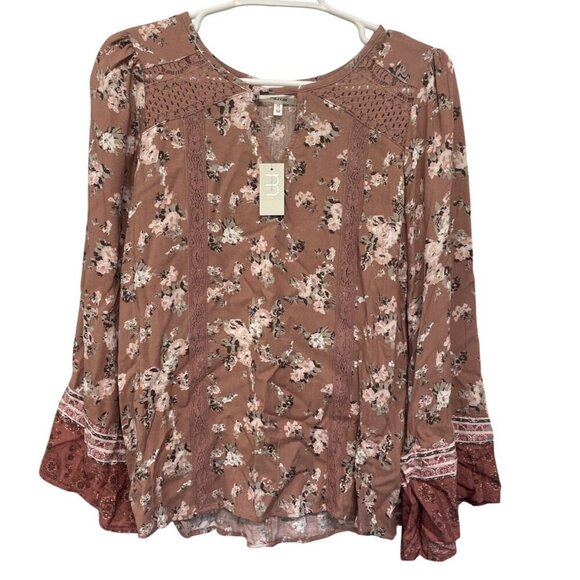 Maurices Floral Boho Top Lace Detail Bell Sleeves Womens M Rayon Pink/Brown - Picture 1 of 5